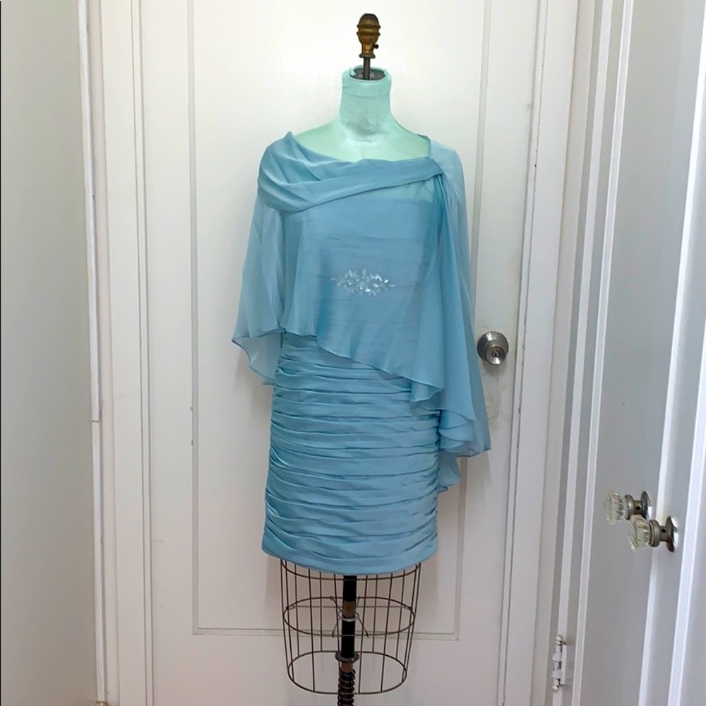 NWOT ice blue cocktail dress with sheer scarf